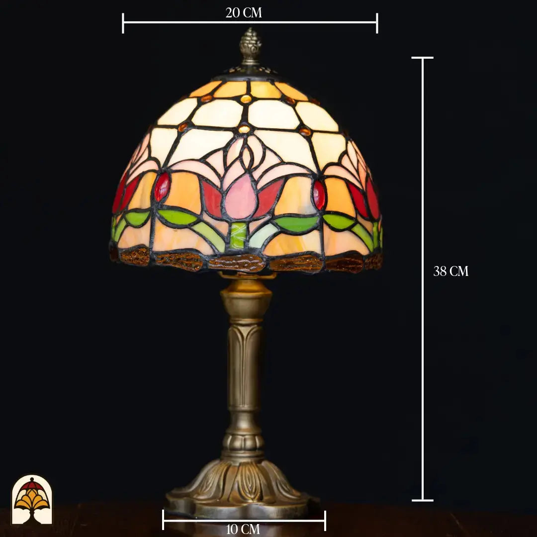 Schéma des dimensions lampe de table Tiffany Tulipa : 20 cm de large, 38 cm de haut, pied 10 cm – abat-jour dôme aux tulipes roses et rouges sur pied colonne en bronze