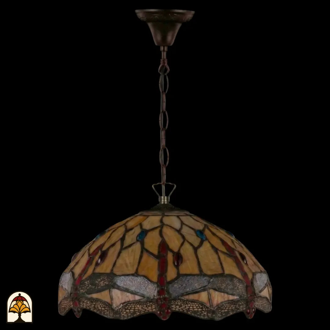 Suspension Tiffany Libelle éteinte à chaîne avec rosace de plafond, abat-jour jaune ambré avec accents rouges et bleus et motifs de libellules