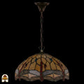 Onverlichte Tiffany hanglamp Libelle aan ketting met plafondbak, geel-amber kap met rode en blauwe accenten en libellenmotieven
