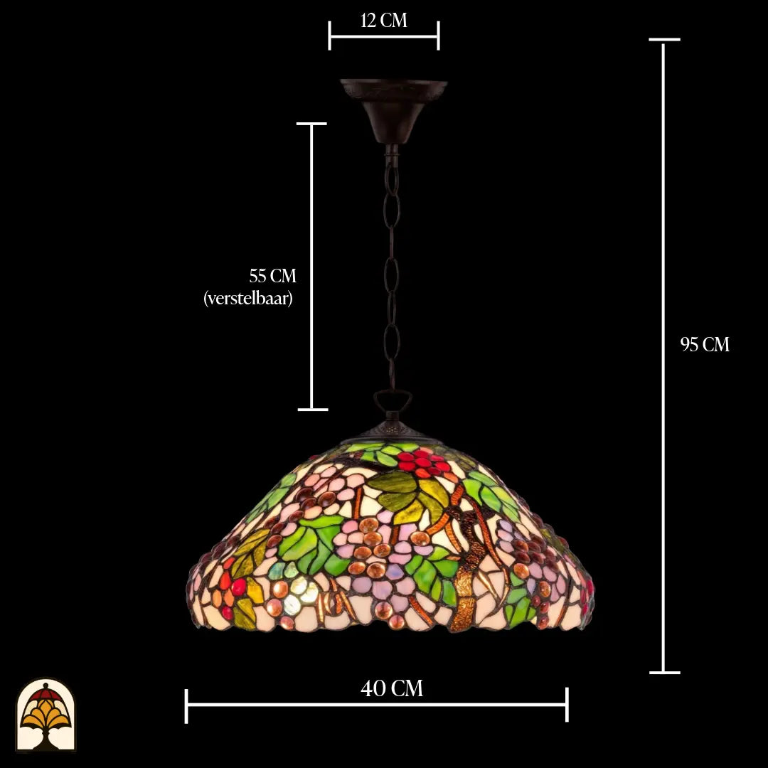 Schéma des dimensions suspension Tiffany Sylva Berria, diamètre de l'abat-jour 40 cm, chaîne réglable 55 cm, hauteur totale 95 cm, rosace de plafond 12 cm