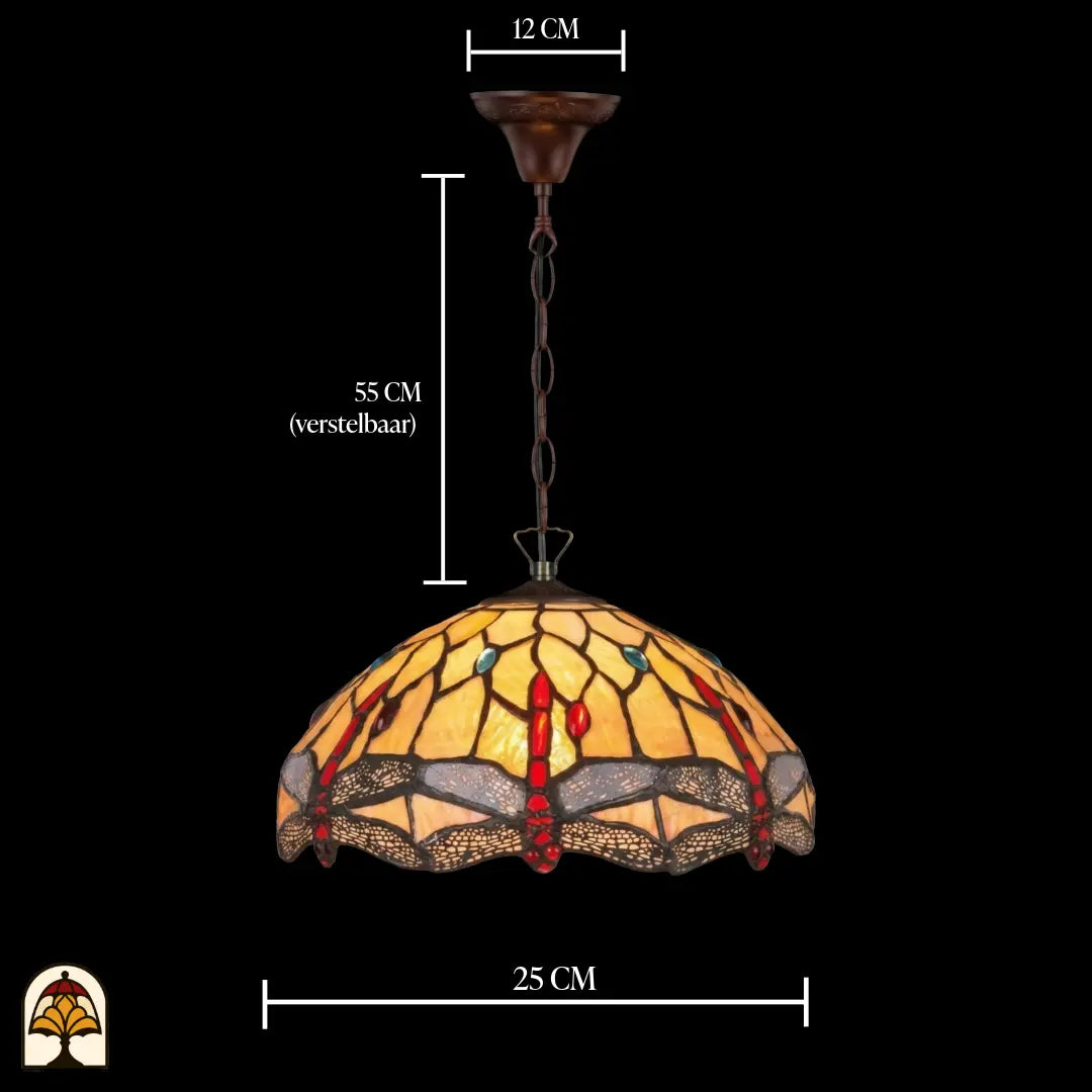 Schéma des dimensions suspension Tiffany Libelle, diamètre de l'abat-jour 25 cm, chaîne réglable 55 cm, rosace de plafond 12 cm