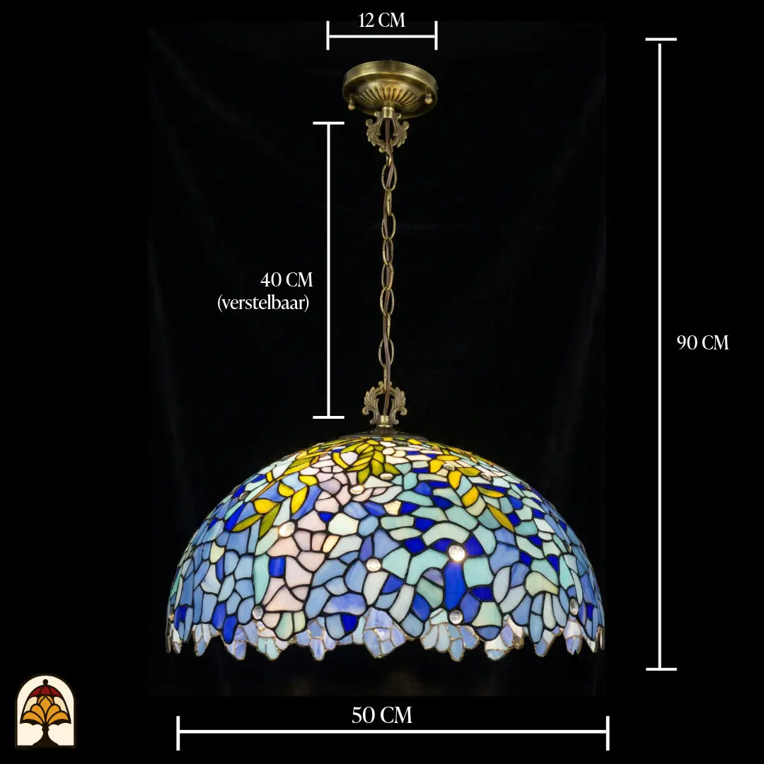Schéma des dimensions suspension Tiffany Drizzle Bleu ⌀50 : largeur de l'abat-jour 50 cm, rosace de plafond 12 cm, chaîne 40 cm réglable, hauteur totale 90 cm