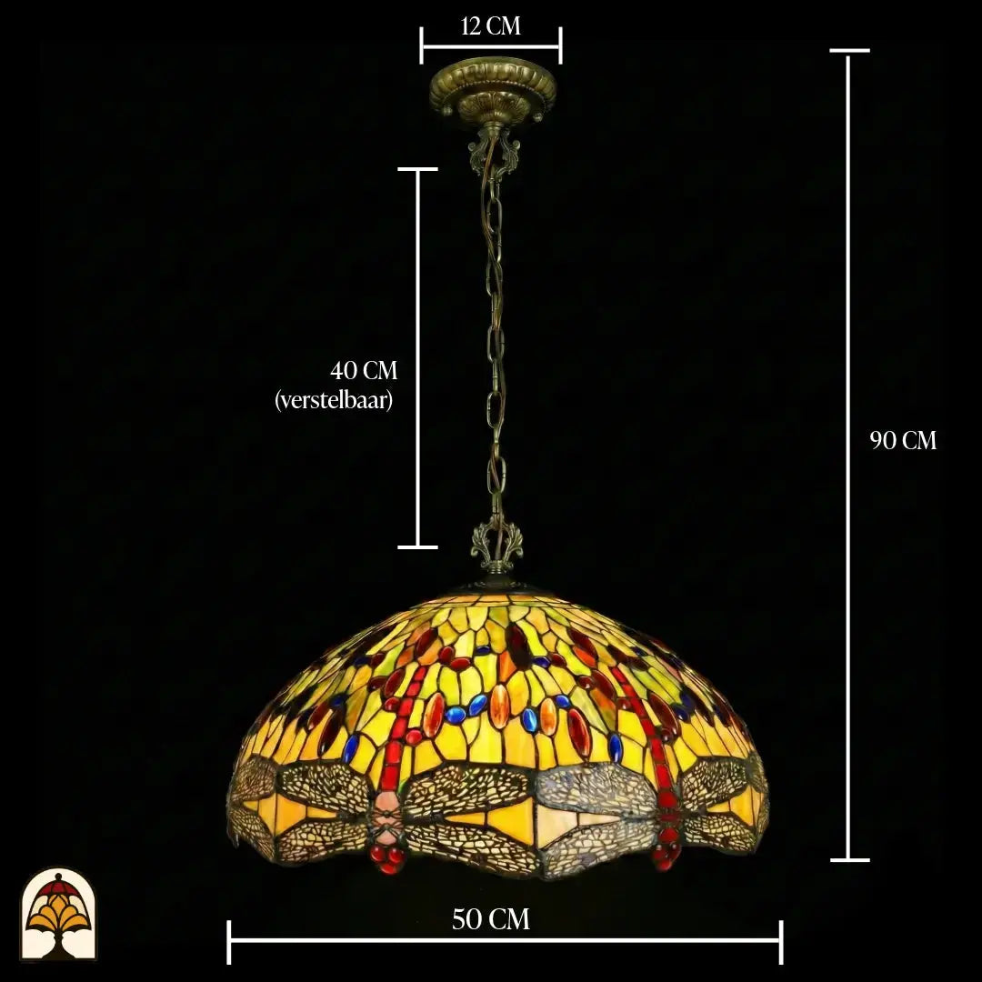Schéma des dimensions suspension Tiffany Libellula Aurelia ⌀50 : largeur de l'abat-jour 50 cm, rosace de plafond 12 cm, chaîne 40 cm réglable, hauteur totale 90 cm