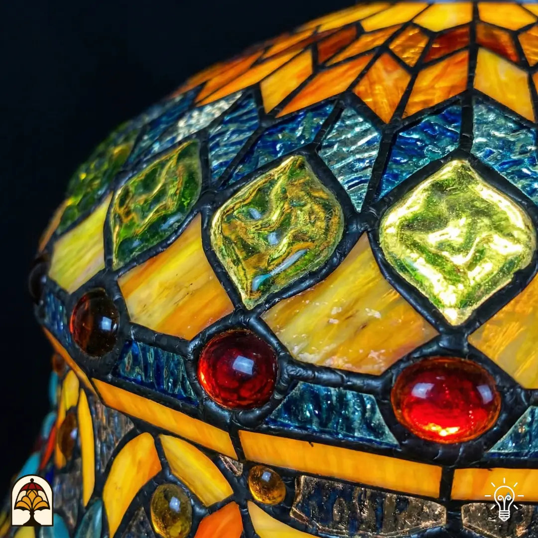 Gros plan de lampe Tiffany, zone supérieure en vitrail allumée, cabochons en verre verts en forme de diamant sur verre texturé jaune ambré et bleu, avec cabochons ronds brun-rouge le long du bord