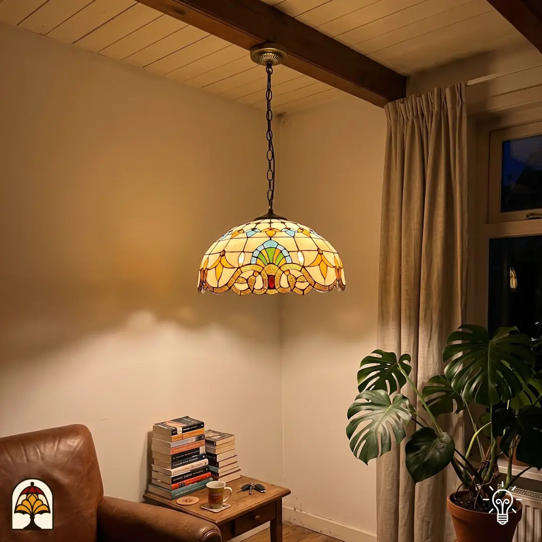 Suspension Tiffany Barok ⌀40 cm allumée dans un intérieur chaleureux – abat-jour crème avec motifs de tulipes jaunes et bordure à volutes dorées, chaîne en bronze, lumière chaude