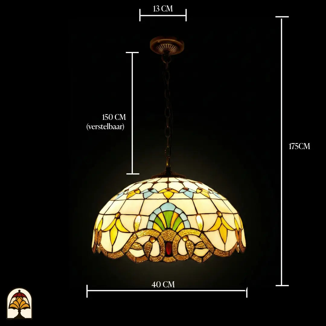 Schéma des dimensions suspension Tiffany Barok ⌀40 : largeur de l'abat-jour 40 cm, rosace de plafond 13 cm, chaîne 150 cm réglable, hauteur totale 175 cm