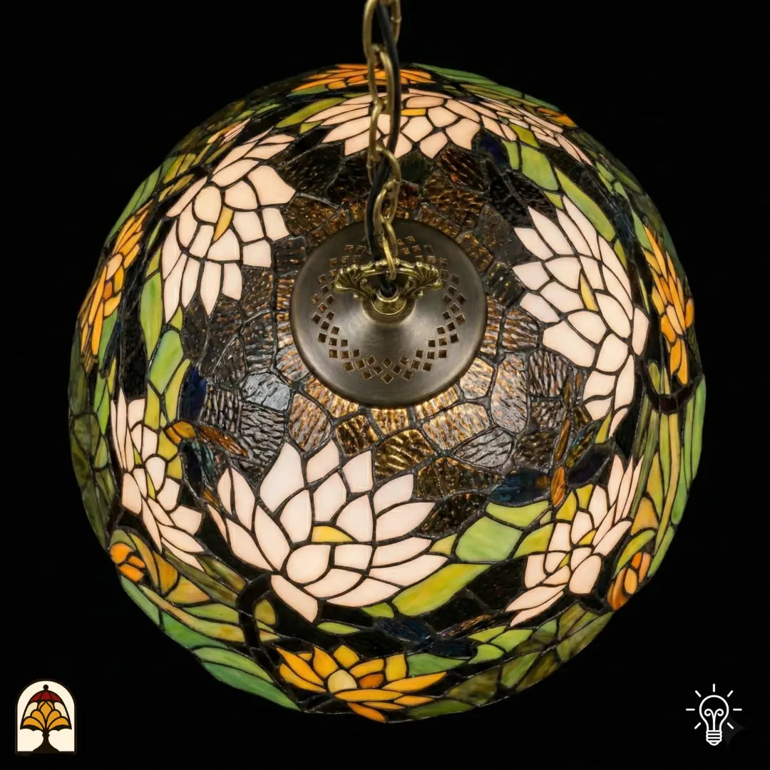 Vue de dessus de suspension lampe Tiffany allumée, dôme avec fleurs de lotus blanches et jaune-orange et feuilles de nénuphar autour de la plaque d'aération centrale en bronze, verre bleu foncé au centre