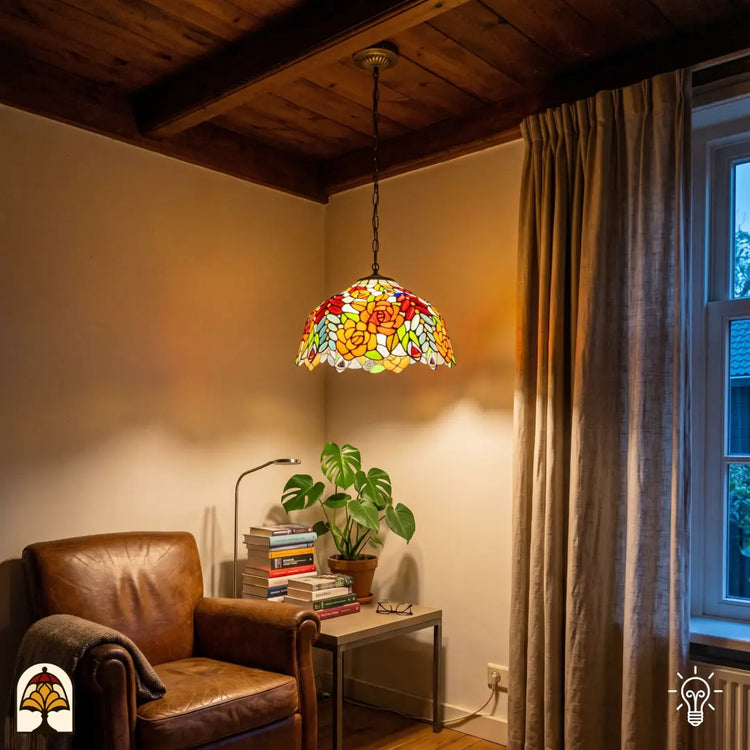 Verlichte Tiffany hanglamp Rosalia Aurea ⌀40 cm in interieur – oranje-gele rozen en rode glaskralen in glas-in-lood, bronzen ketting