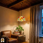 Verlichte Tiffany hanglamp Rosalia Aurea ⌀40 cm in interieur – oranje-gele rozen en rode glaskralen in glas-in-lood, bronzen ketting