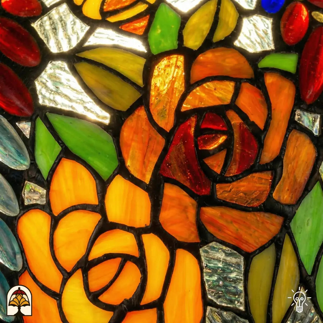 Gros plan de lampe Tiffany, panneau de vitrail avec roses orange et jaunes, cabochons en verre rouges, feuilles vertes et motifs de feuilles gris-bleu