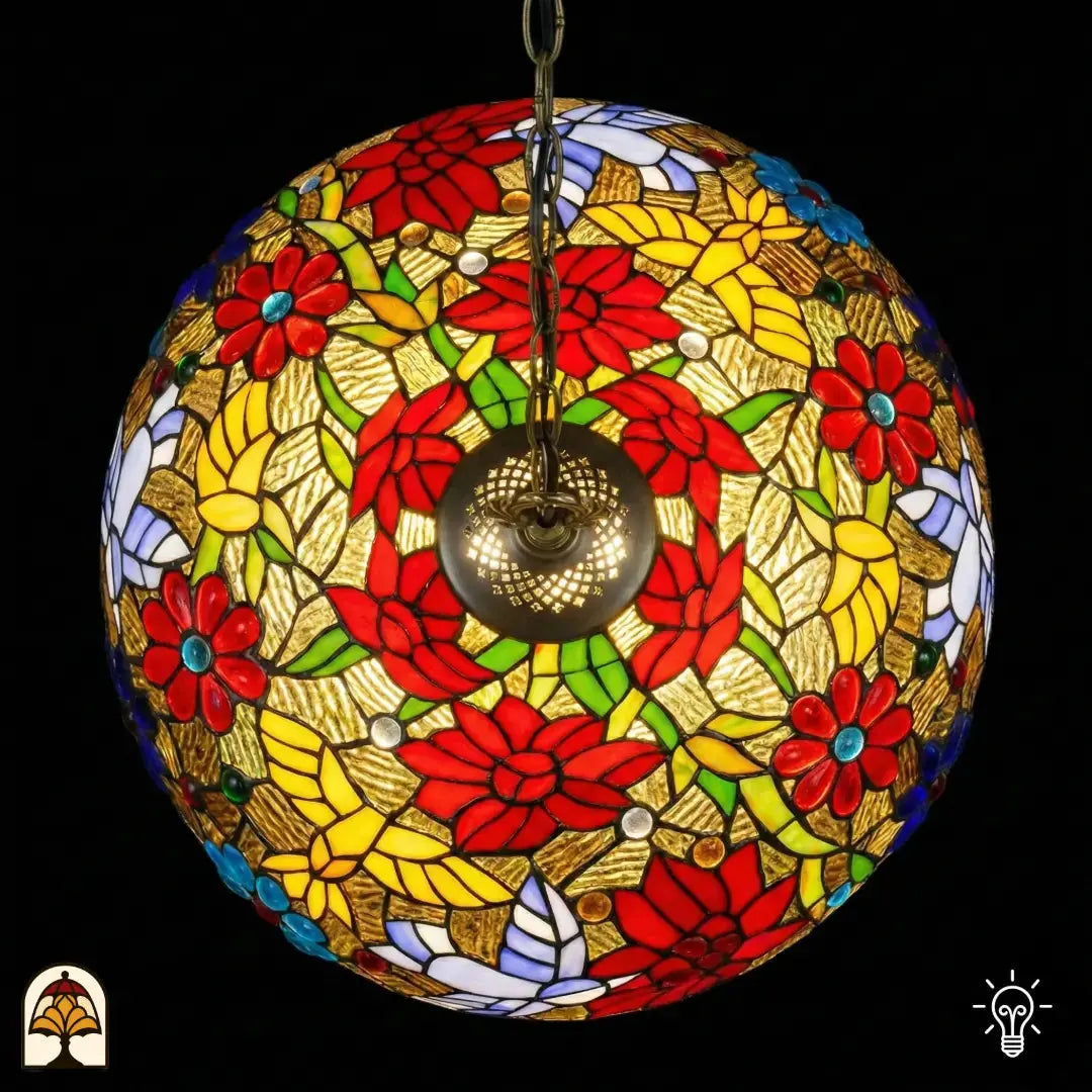 Vue de dessus de suspension lampe Tiffany allumée, dôme rond au motif symétrique de fleurs de poinsettia rouges, panneaux de feuilles jaunes, accents verts et motifs de papillons blancs sur fond doré, support de lampe central en bronze visible