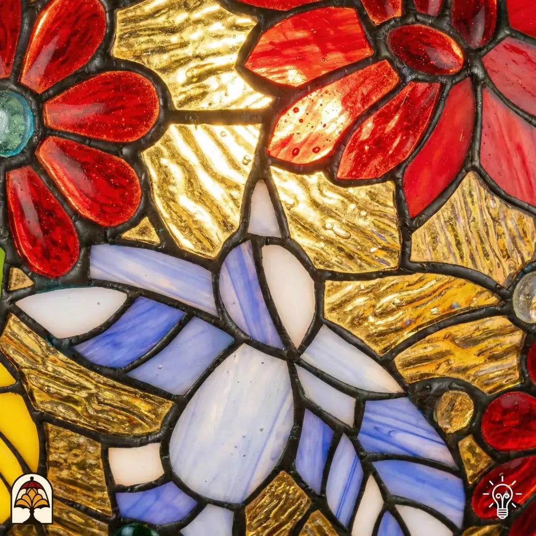 Gros plan de lampe Tiffany, panneau de vitrail avec motif de papillon blanc-lavande au centre, entouré de pétales de poinsettia rouges et de verre texturé doré