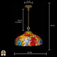 Tiffany lamp hanglamp met maatindicaties: diameter kap 45 cm, totale hoogte 119 cm, ketting 100 cm verstelbaar, plafondrozet 13 cm; kleurrijke kap met rode poinsettia-bloemen, vlinder en blauwe bloemen