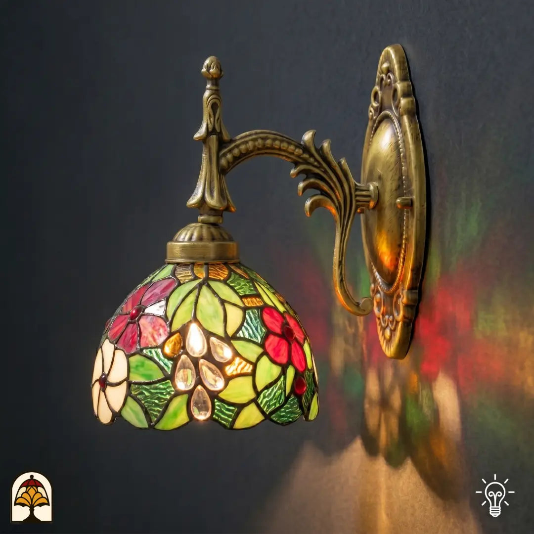 Applique murale Tiffany Floral Garden allumée sur bras courbé en bronze, abat-jour avec fleurs rouges et roses, feuilles vertes et accents jaunes en vitrail