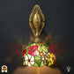 Bovenaanzicht Tiffany wandlamp Floral Garden met bronzen ovale wandplaat, kap met rode, roze en witte bloemen in glas-in-lood frontaal zichtbaar