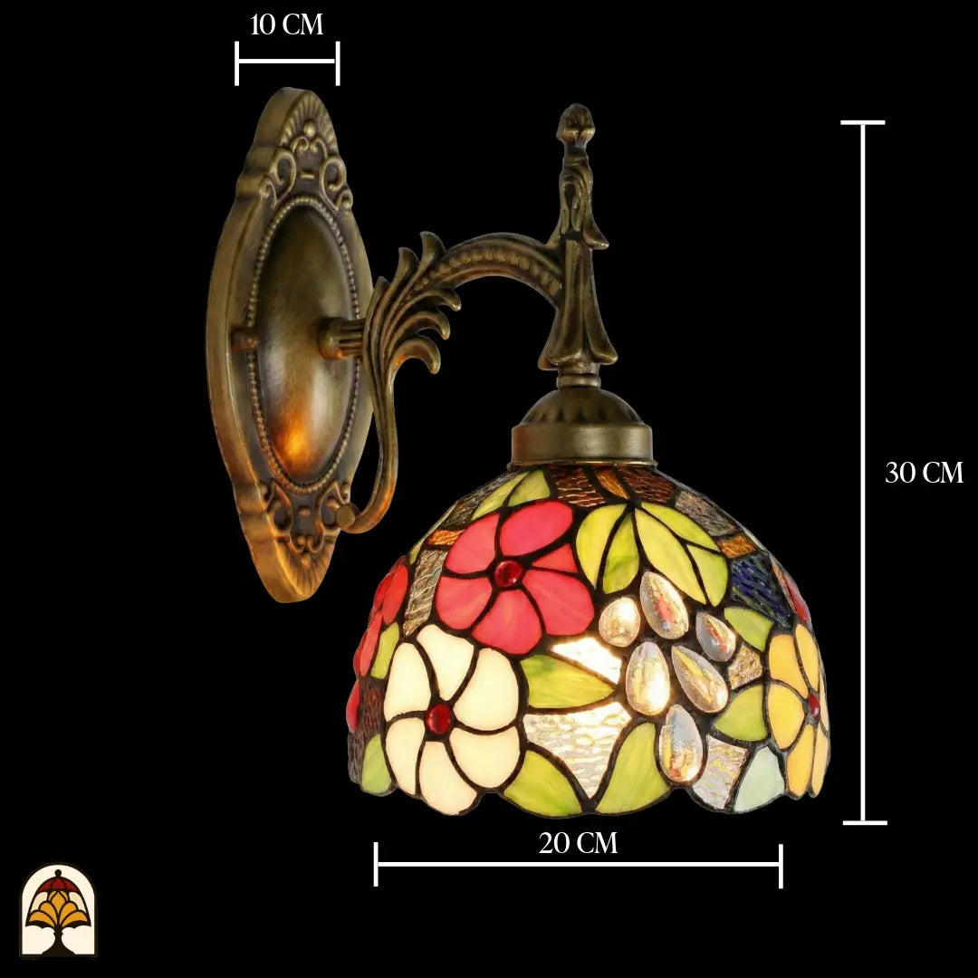 Schéma des dimensions applique murale Tiffany Floral Garden : 30 cm de haut, 20 cm de large et 10 cm de profondeur, abat-jour en vitrail floral en rouge, blanc et vert