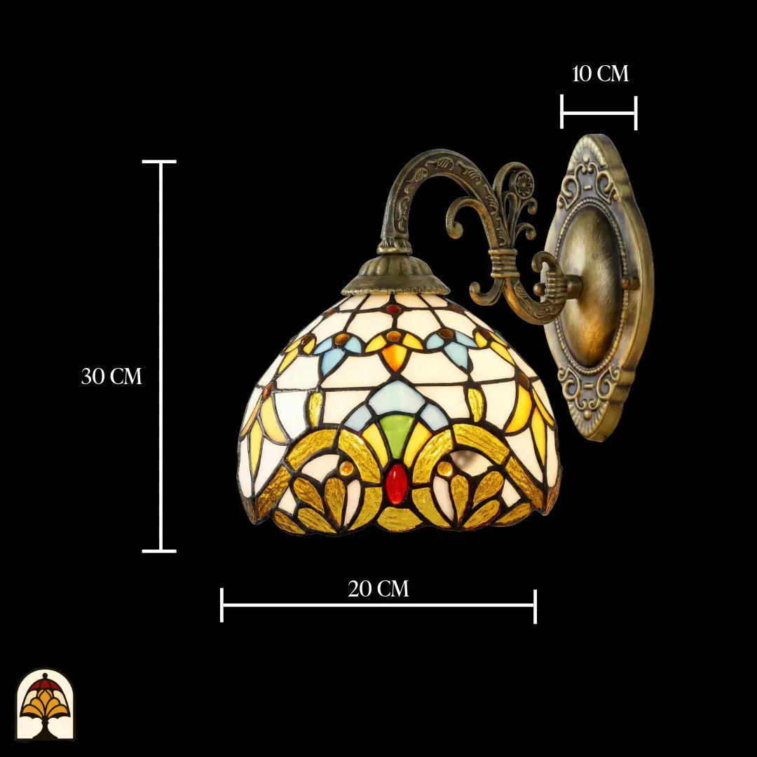 Schéma des dimensions applique murale Tiffany Barok : 30 cm de haut, 20 cm de large et 10 cm de profondeur, support en bronze avec abat-jour en vitrail jaune doré