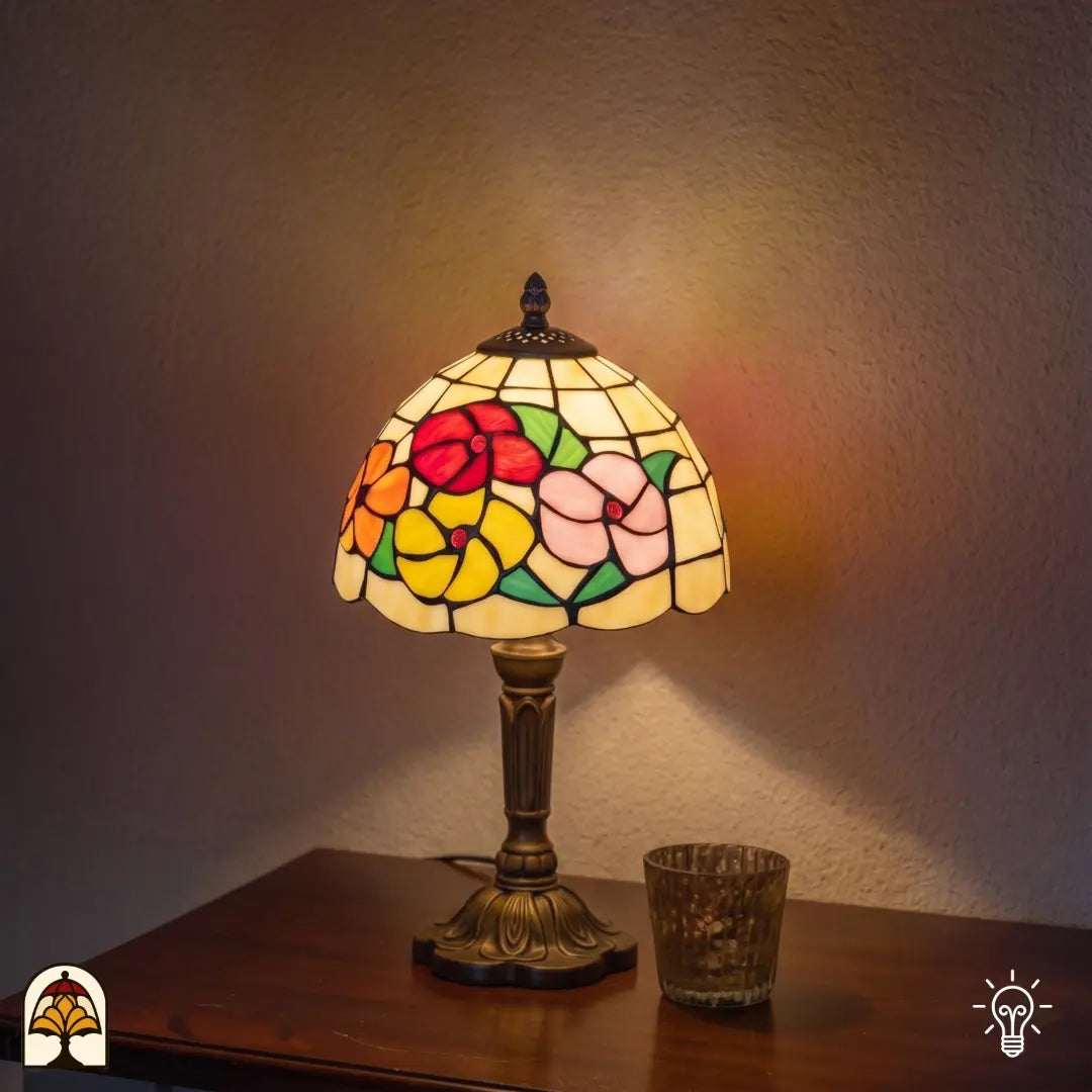 Lampe de table Tiffany Roseto Vivace ⌀20 cm allumée dans un intérieur chaleureux – abat-jour crème avec roses rouges, orange et roses, pied en bronze, lumière chaude