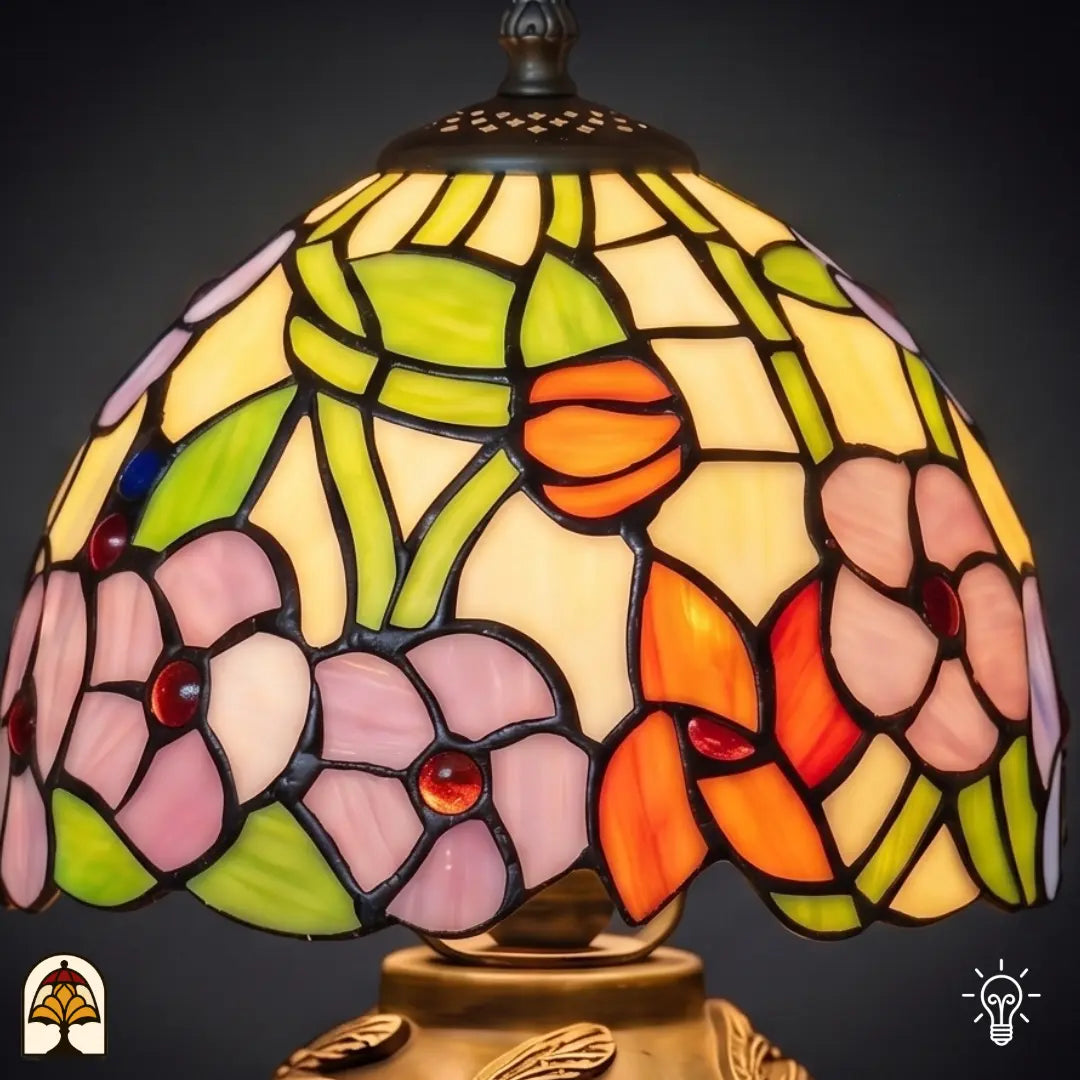 Gros plan abat-jour allumé lampe de table Tiffany Amber Flora Classic ⌀20 cm – motifs de fleurs roses et ambrées en vitrail