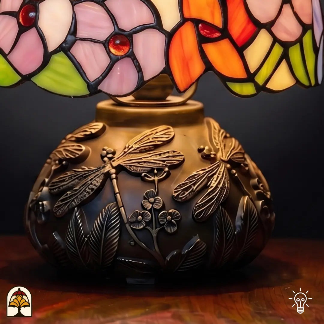 Gros plan pied libellule en bronze lampe de table Tiffany Amber Flora Classic ⌀20 cm – pied moulé ouvragé à motif de libellule