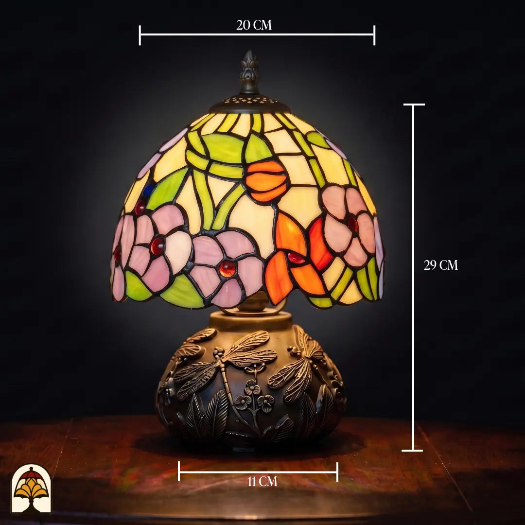 Schéma des dimensions lampe de table Tiffany Amber Flora Classic ⌀20 cm – 20 cm de large, 38 cm de haut, pied libellule en bronze