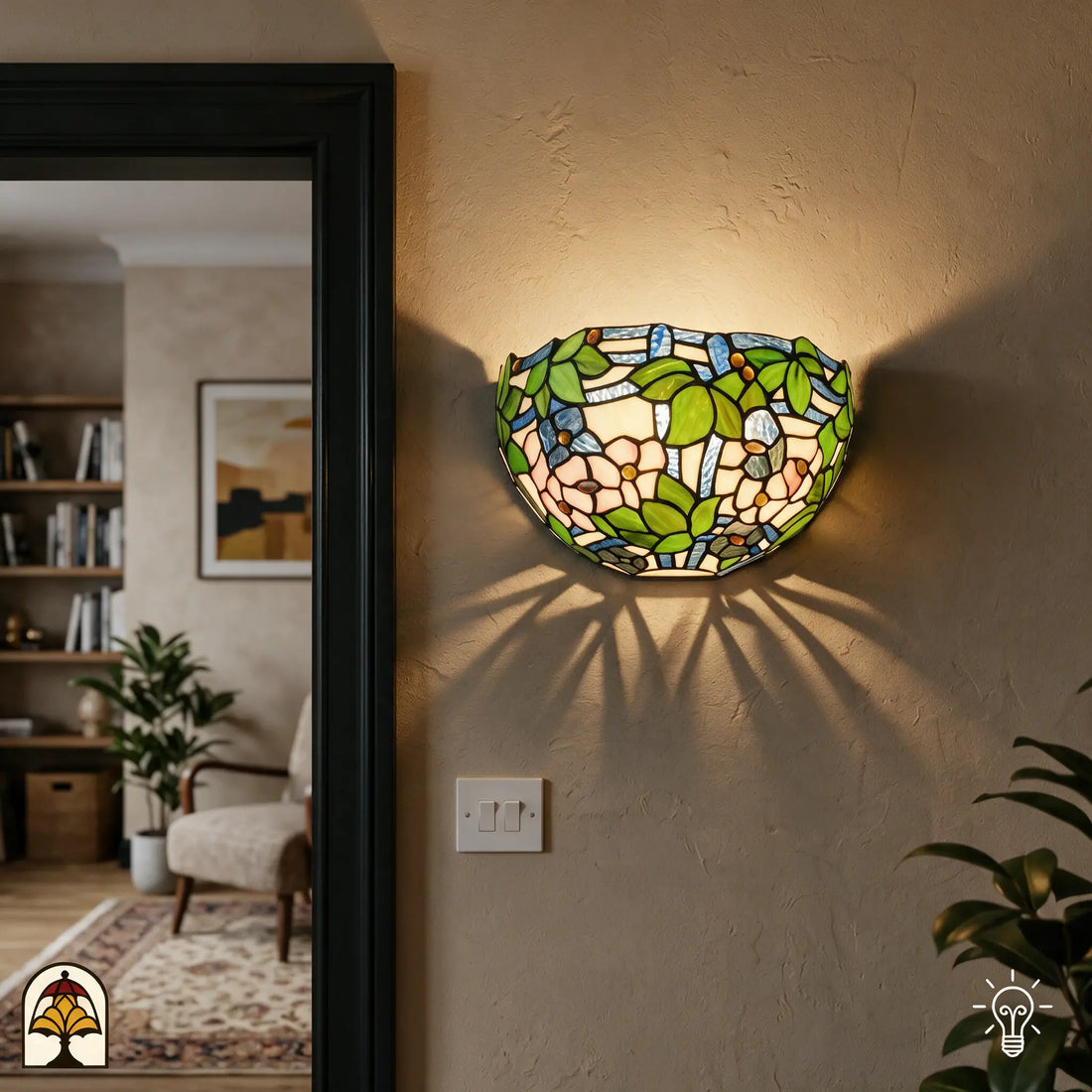 Applique murale Tiffany Rosa di Primavera dans un intérieur chaleureux près de la porte - Lumière Decor