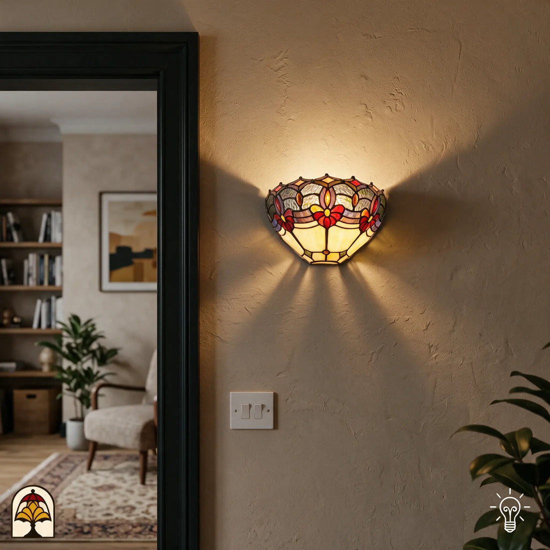 Applique murale Tiffany Giglio Rubino dans un intérieur chaleureux près de la porte - Lumière Decor