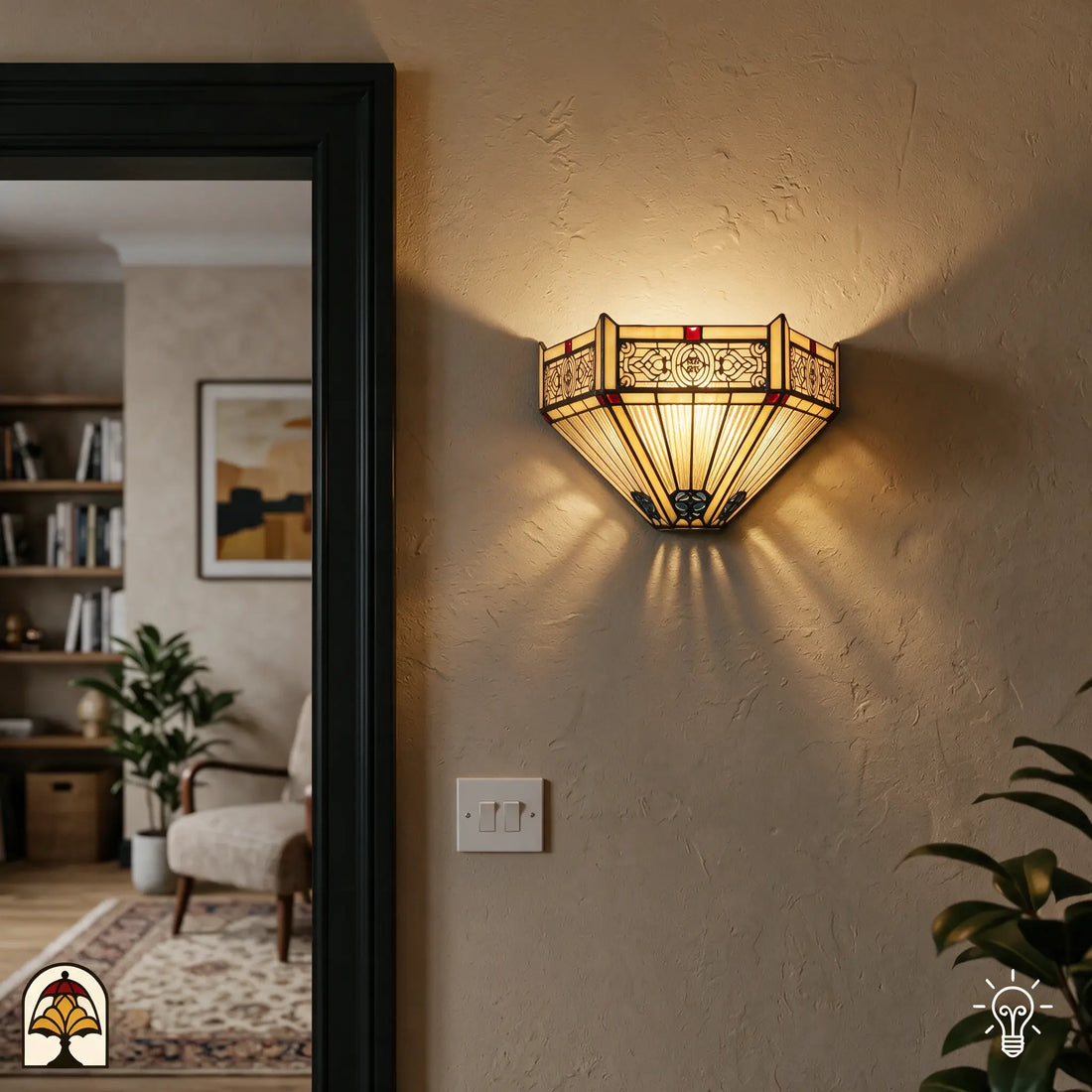 Applique murale Tiffany Lumina Geometrica dans un intérieur chaleureux près de la porte - Lumière Decor