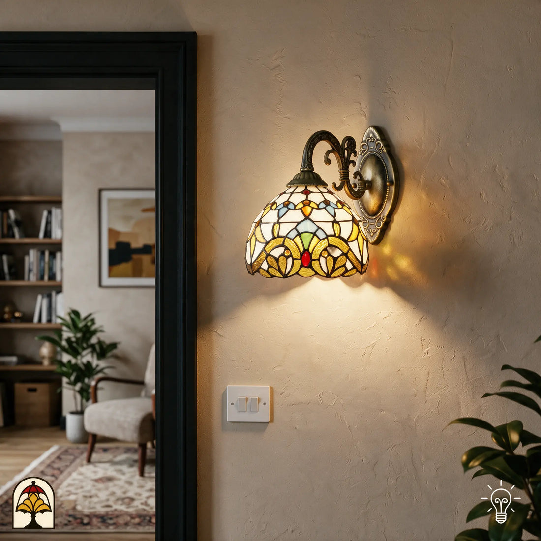 Applique murale Tiffany Barok dans un intérieur chaleureux près de la porte - Lumière Decor