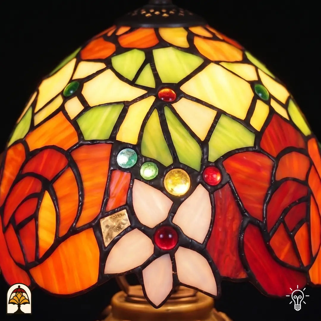 Gros plan abat-jour Viola Ember – roses orange, cabochons en verre colorés et fleur centrale blanche en vitrail