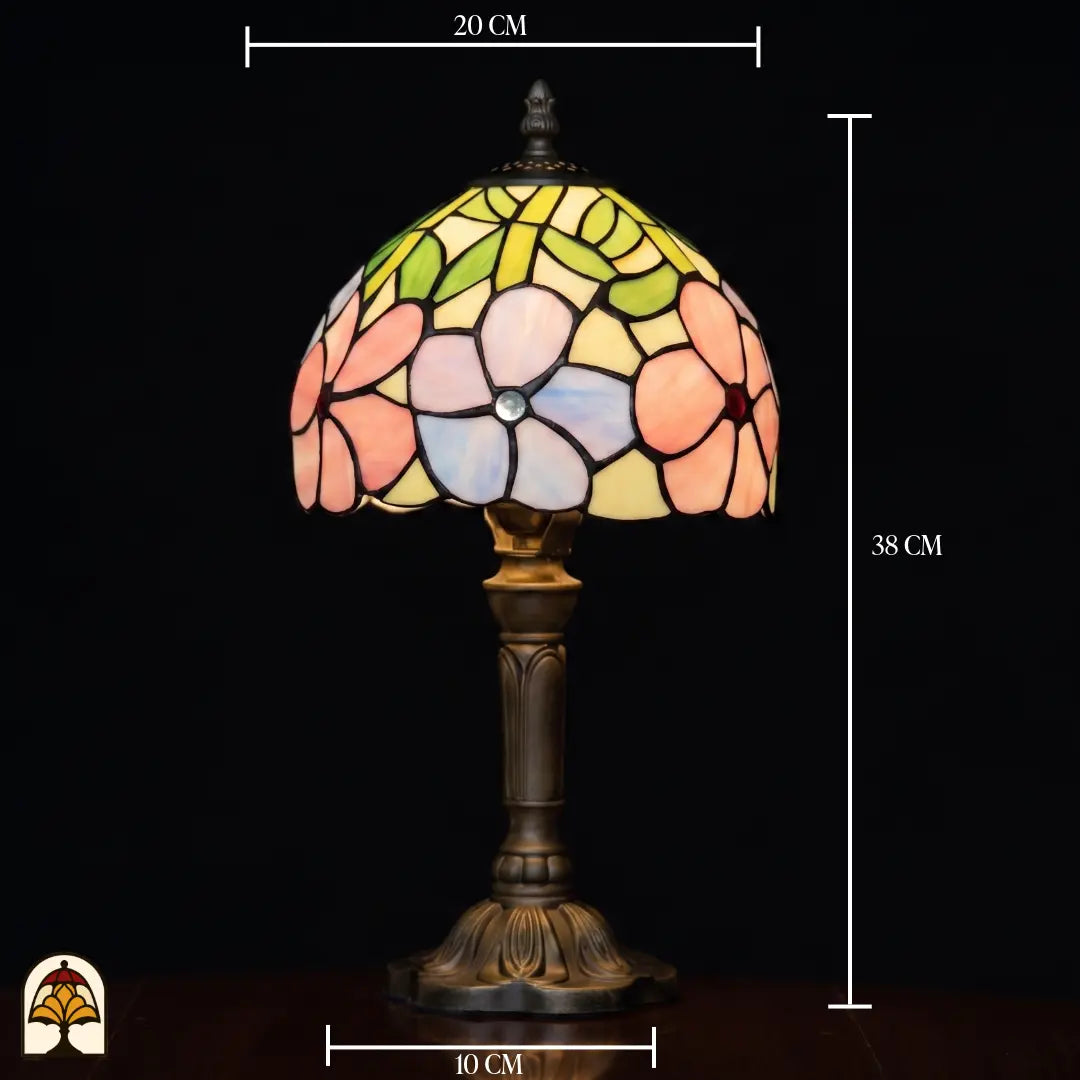 Lampe de table Tiffany Majestueuze Iris avec dimensions : 20 cm de large
