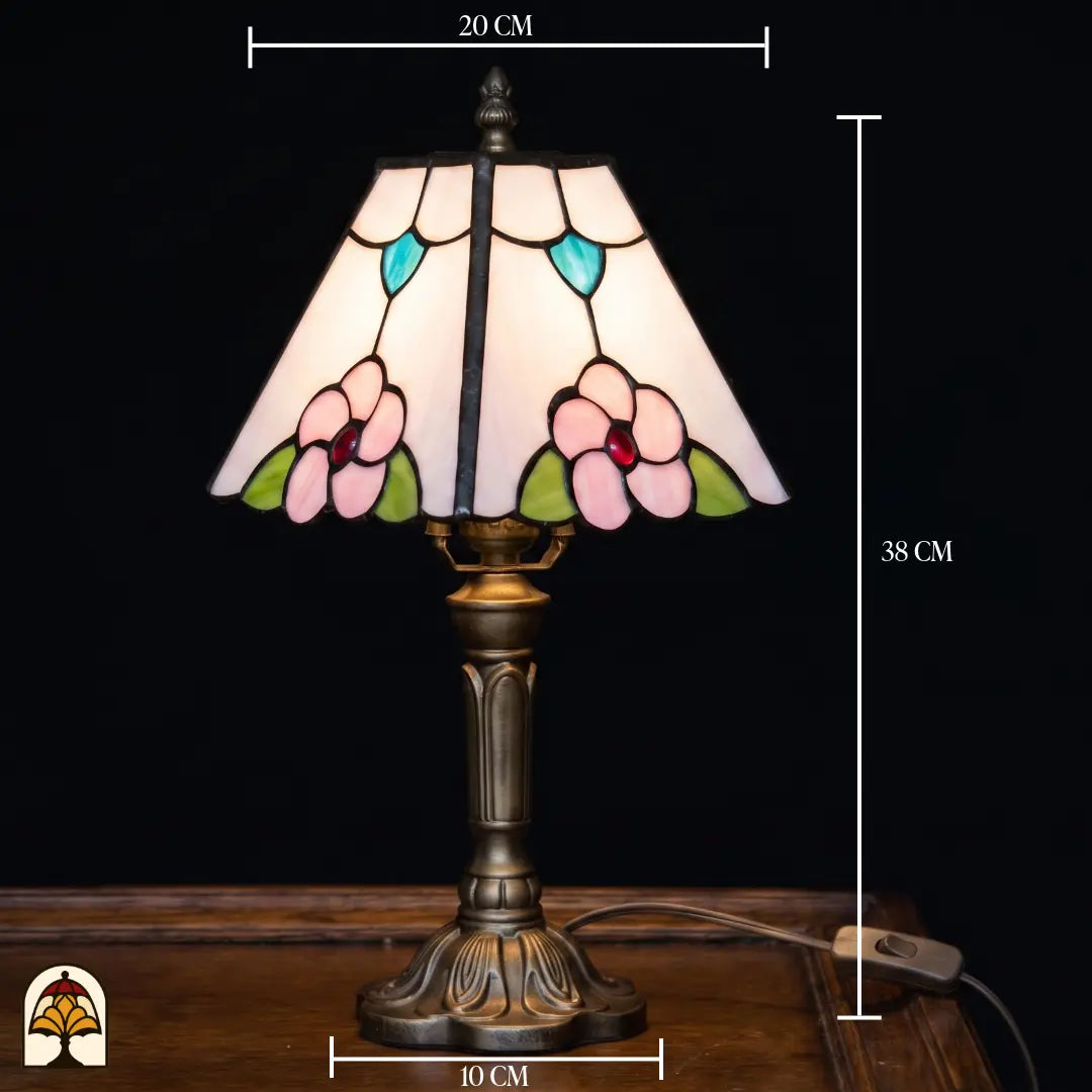 Lampe de table Tiffany Rosa Zaffiro avec dimensions : 20 cm de large