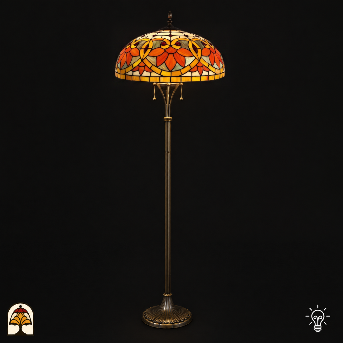 Lampadaire Tiffany Rosso Aurea ⌀50 cm allumé – abat-jour vitrail à fleurs orange et rouges, pied bronze, 170 cm