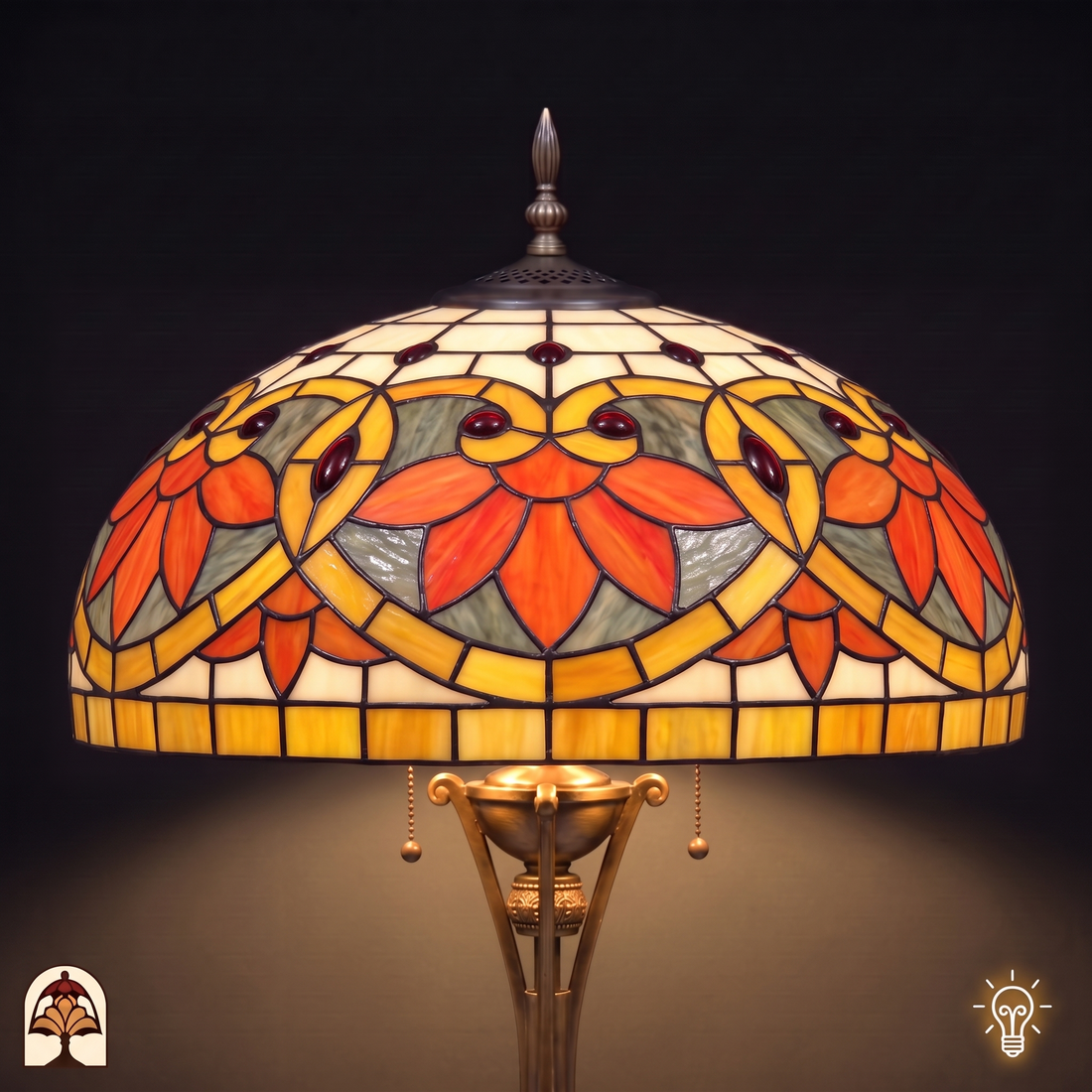 Gros plan abat-jour allumé du lampadaire Tiffany Rosso Aurea – fleurs orange et rouges, volutes ambrées, cabochons rubis