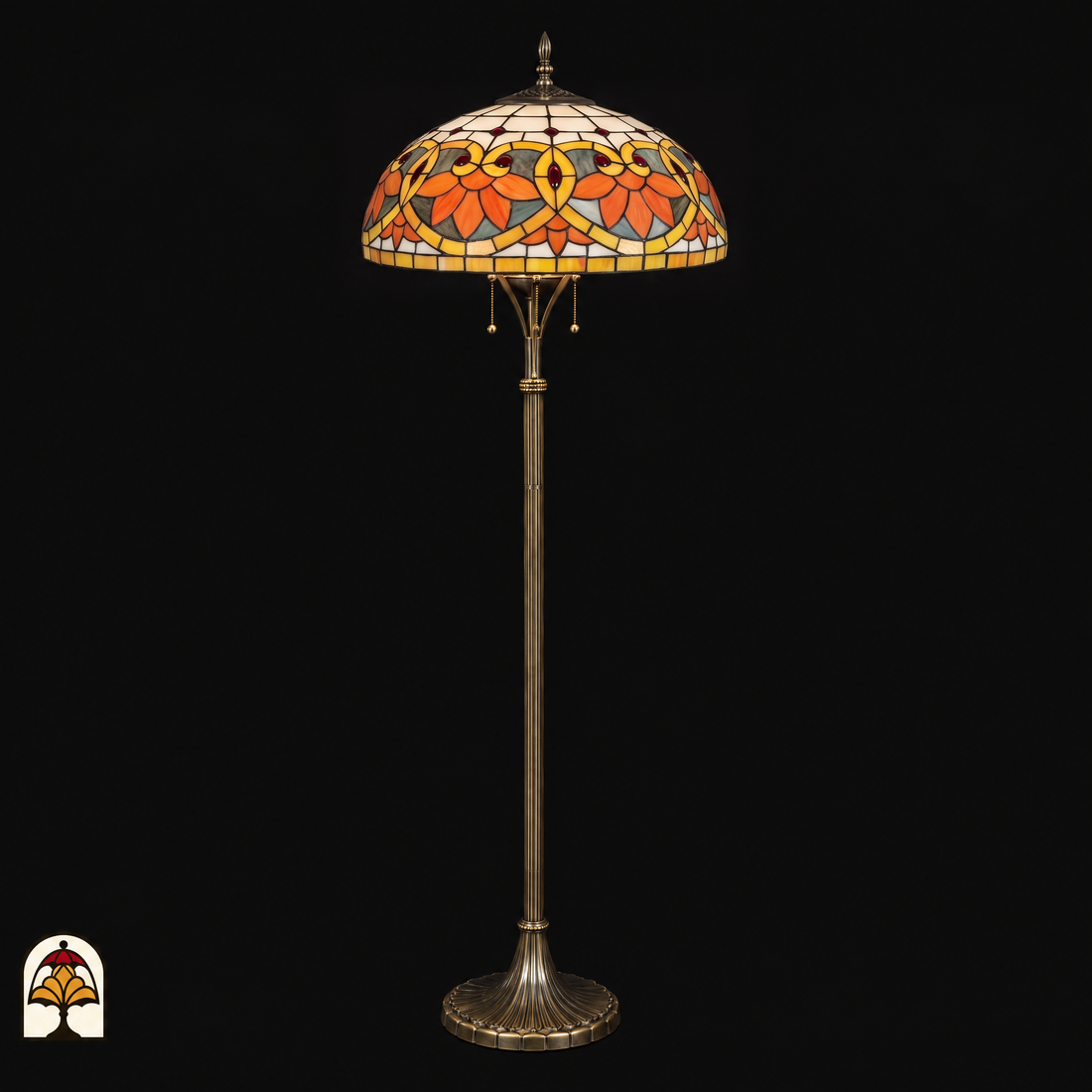Lampadaire Tiffany Rosso Aurea éteint – abat-jour fleuri orange, rouge et crème sur pied bronze élancé