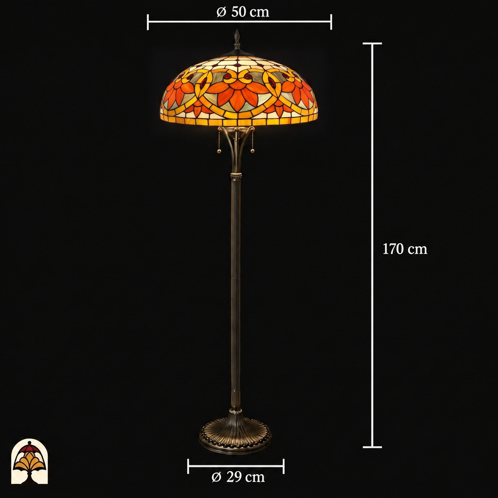 Dimensions du lampadaire Tiffany Rosso Aurea : abat-jour ⌀50 cm, hauteur 170 cm, pied ⌀29 cm