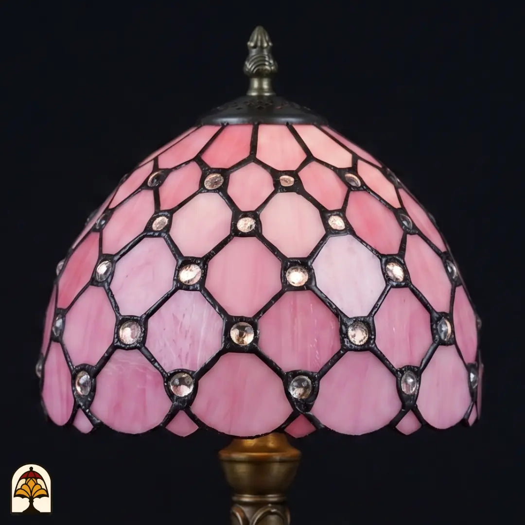 Gros plan abat-jour Nuvola Rosa éteint – détails en verre rose et cabochons en verre