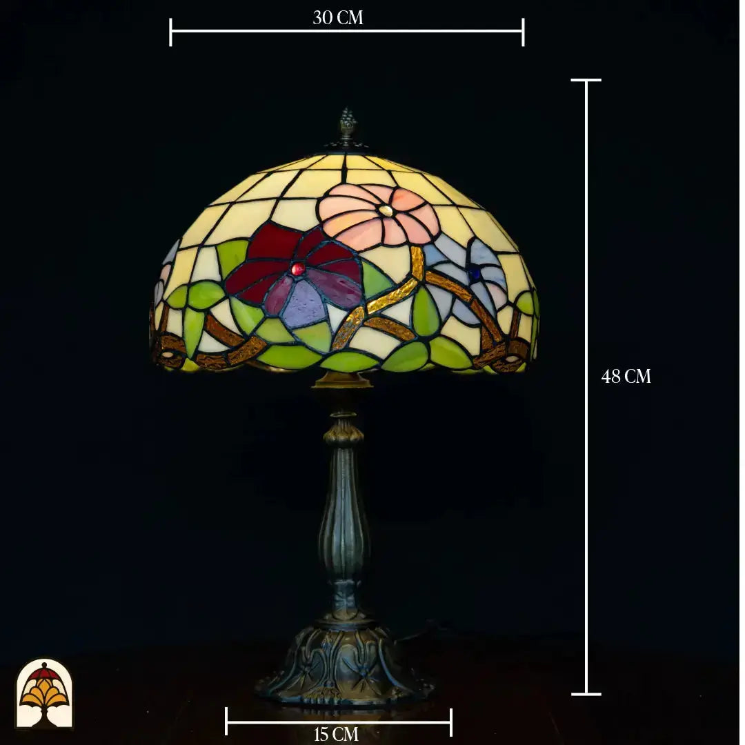 Schéma des dimensions lampe de table Tiffany Aurora Bloom — diamètre de l'abat-jour ⌀30 cm, hauteur totale 48 cm, diamètre du pied 15 cm