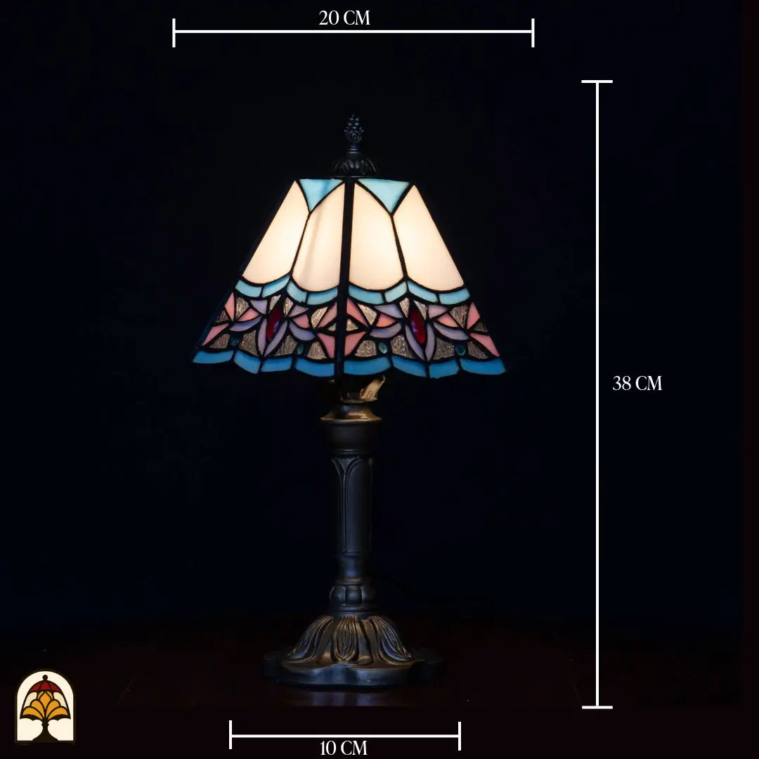 Schéma des dimensions lampe de table Tiffany Clara — diamètre de l'abat-jour ⌀20 cm, hauteur totale 38 cm, diamètre du pied 10 cm