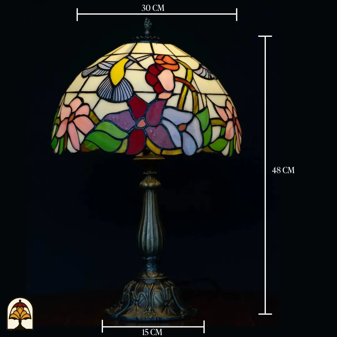 Schéma des dimensions lampe de table Tiffany Colibrì — diamètre de l'abat-jour ⌀30 cm, hauteur totale 48 cm, diamètre du pied 15 cm