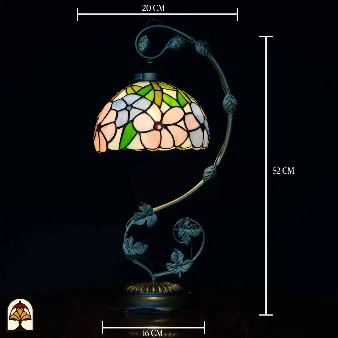 Schéma des dimensions lampe de table Tiffany Fiora — diamètre de l'abat-jour ⌀20 cm, hauteur totale 52 cm, diamètre du pied 16 cm