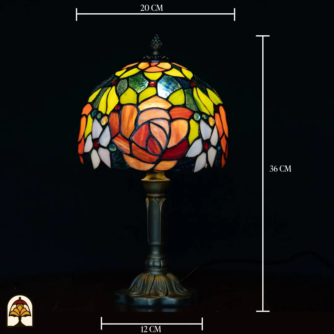 Schéma des dimensions lampe de table Tiffany Fiore — diamètre de l'abat-jour ⌀20 cm, hauteur totale 36 cm, diamètre du pied 12 cm
