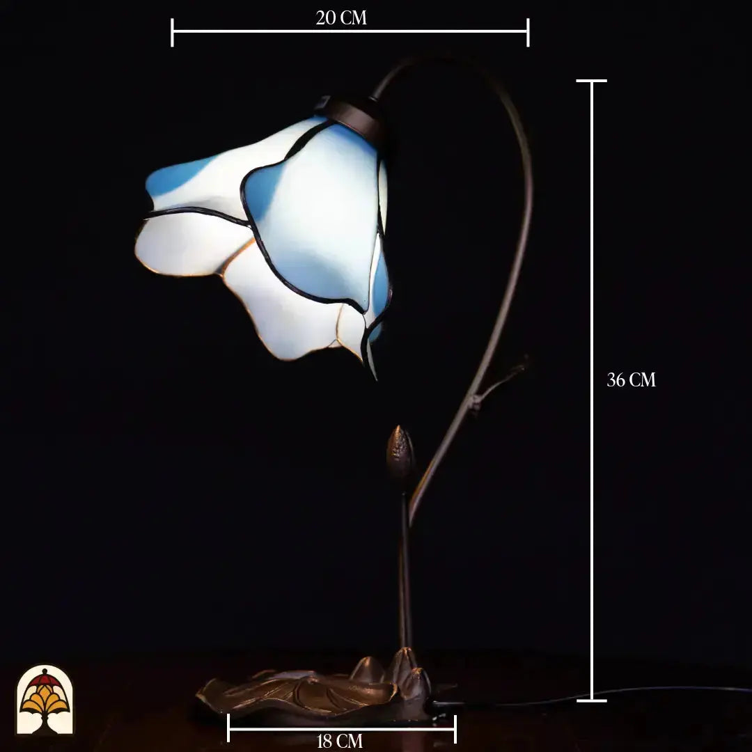 Schéma des dimensions lampe de table Tiffany Lotus Azzurro — diamètre de l'abat-jour ⌀20 cm, hauteur totale 36 cm, diamètre du pied 18 cm