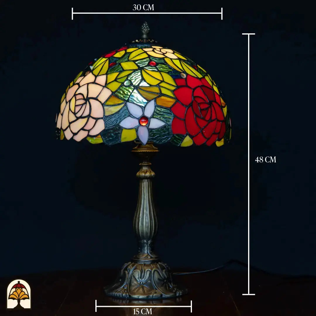 Schéma des dimensions lampe Tiffany lampe de table Rosetta – abat-jour ⌀30 cm sur pied colonne en bronze