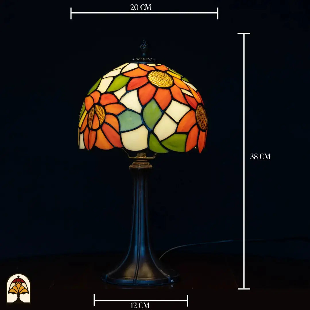 Schéma des dimensions lampe de table Tiffany Solea — diamètre de l'abat-jour ⌀20 cm, hauteur totale 38 cm, diamètre du pied 12 cm