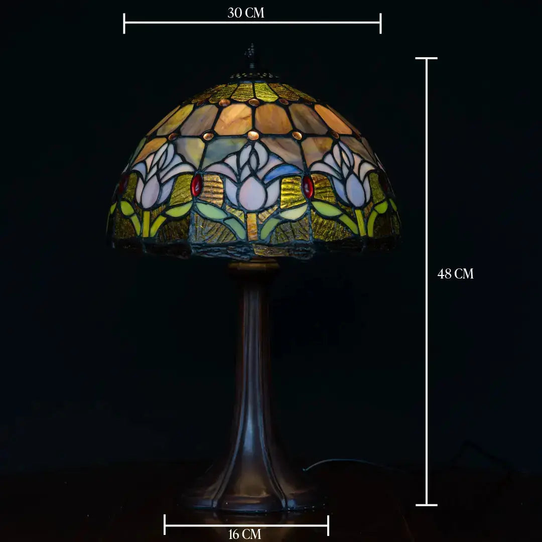 Schéma des dimensions lampe Tiffany lampe de table Tulipa Lilac Sereno – abat-jour ⌀30 cm sur pied colonne en bronze