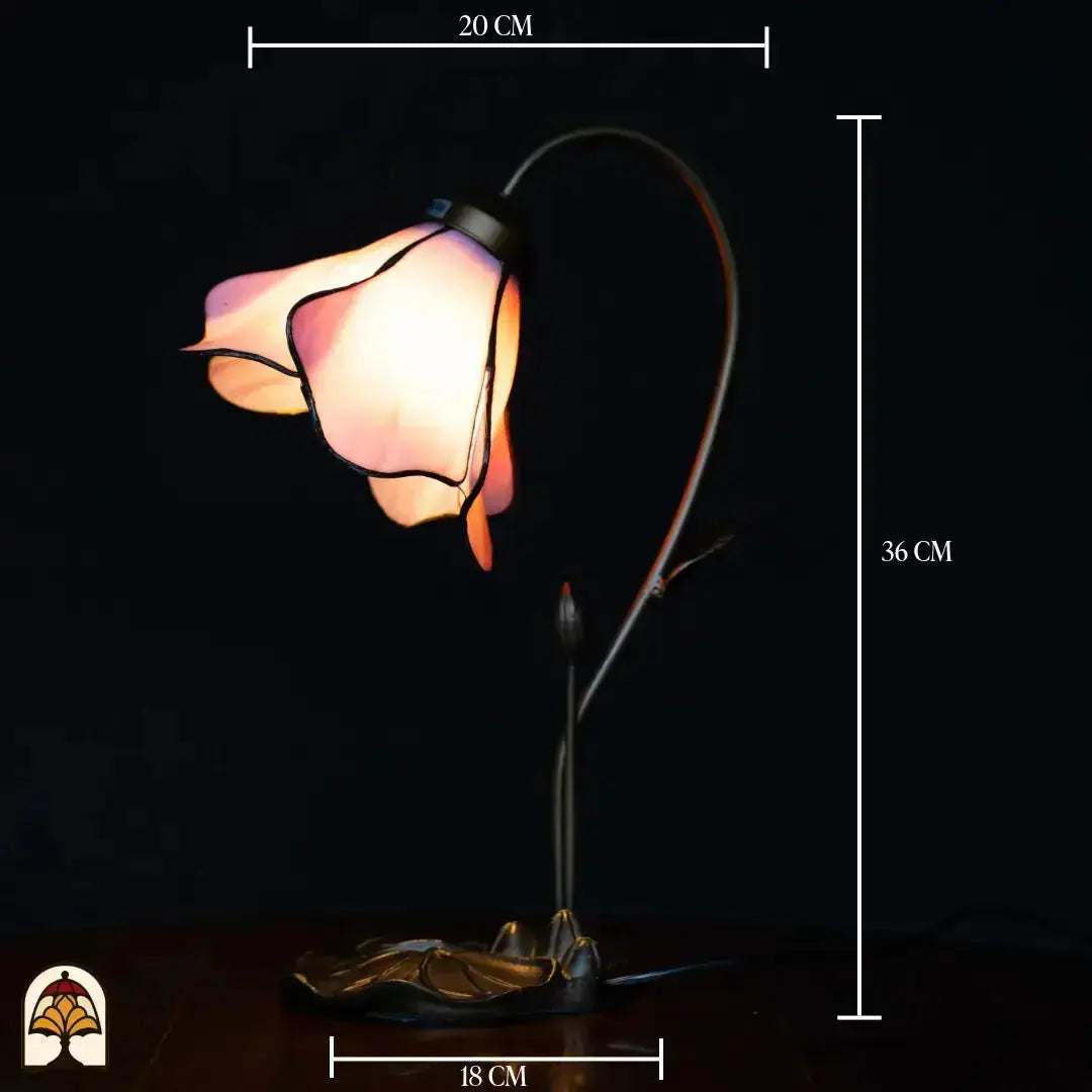 Schéma des dimensions lampe de table Tiffany Lotus Sereno — diamètre de l'abat-jour ⌀20 cm, hauteur totale 36 cm, diamètre du pied 18 cm