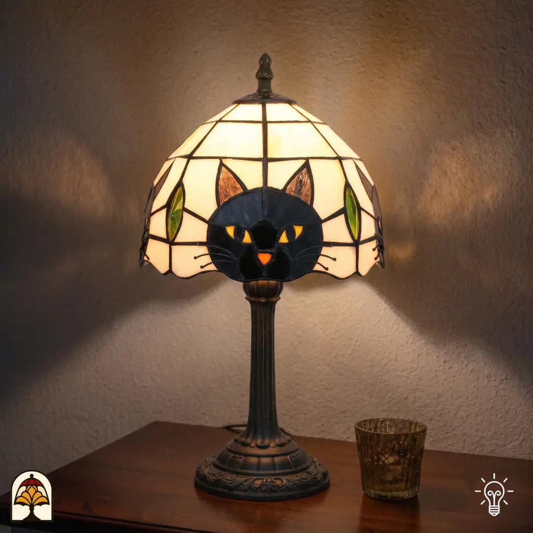 Lampe chat Tiffany Gatto Nero sur une table d'appoint en bois dans un intérieur chaleureux