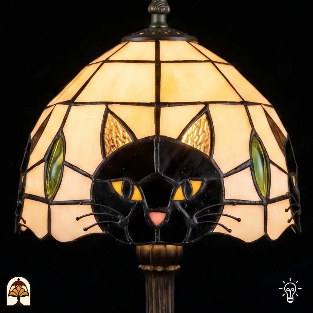 Détail de l'abat-jour en vitrail avec visage de chat, yeux dorés et petites feuilles vertes