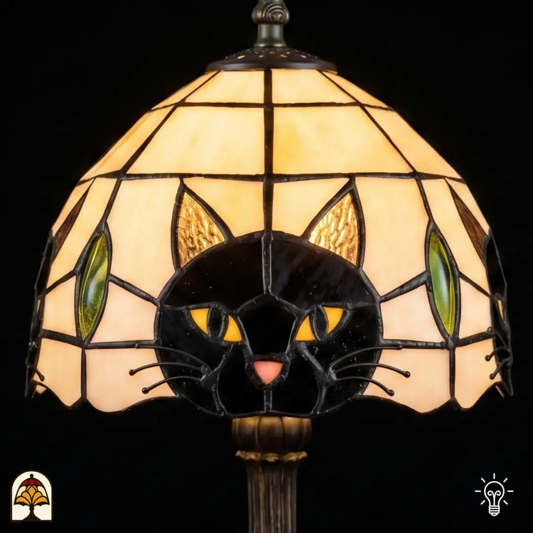 Detail van de glas-in-lood kap met kattengezicht, gouden ogen en groene blaadjes